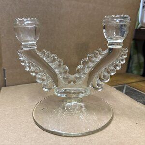 Mid Century Susquehanna Double Arm Clear Glass Candle Holder Taper